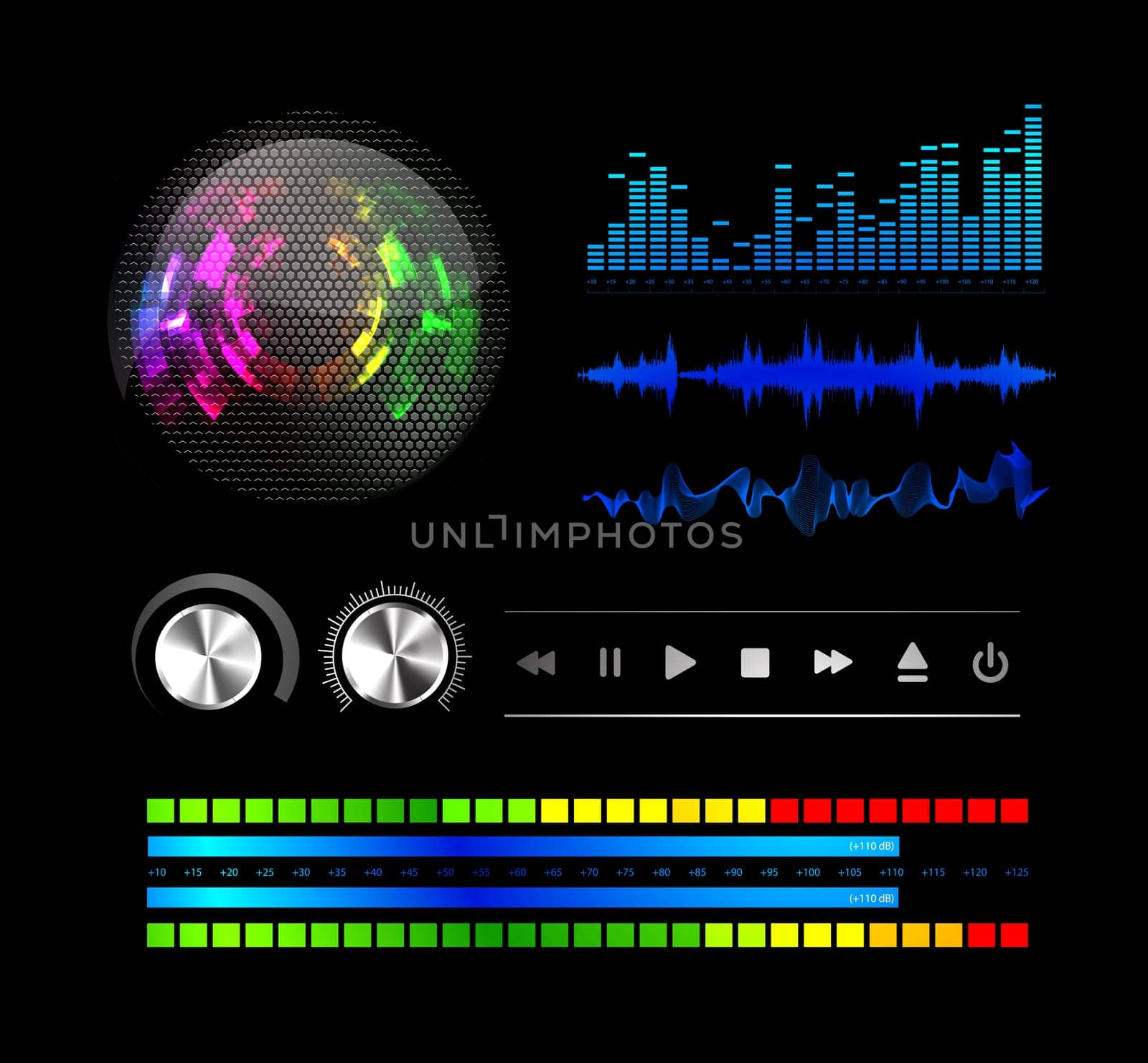 Sound waves set and speaker grill. Music background