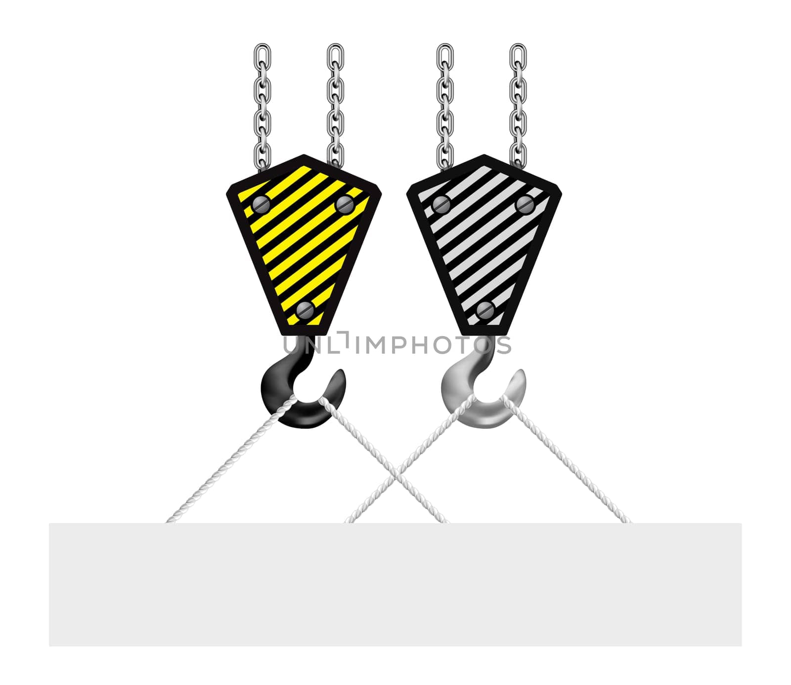 Construction crane hook lifting blank board on white background. Vector illustration
