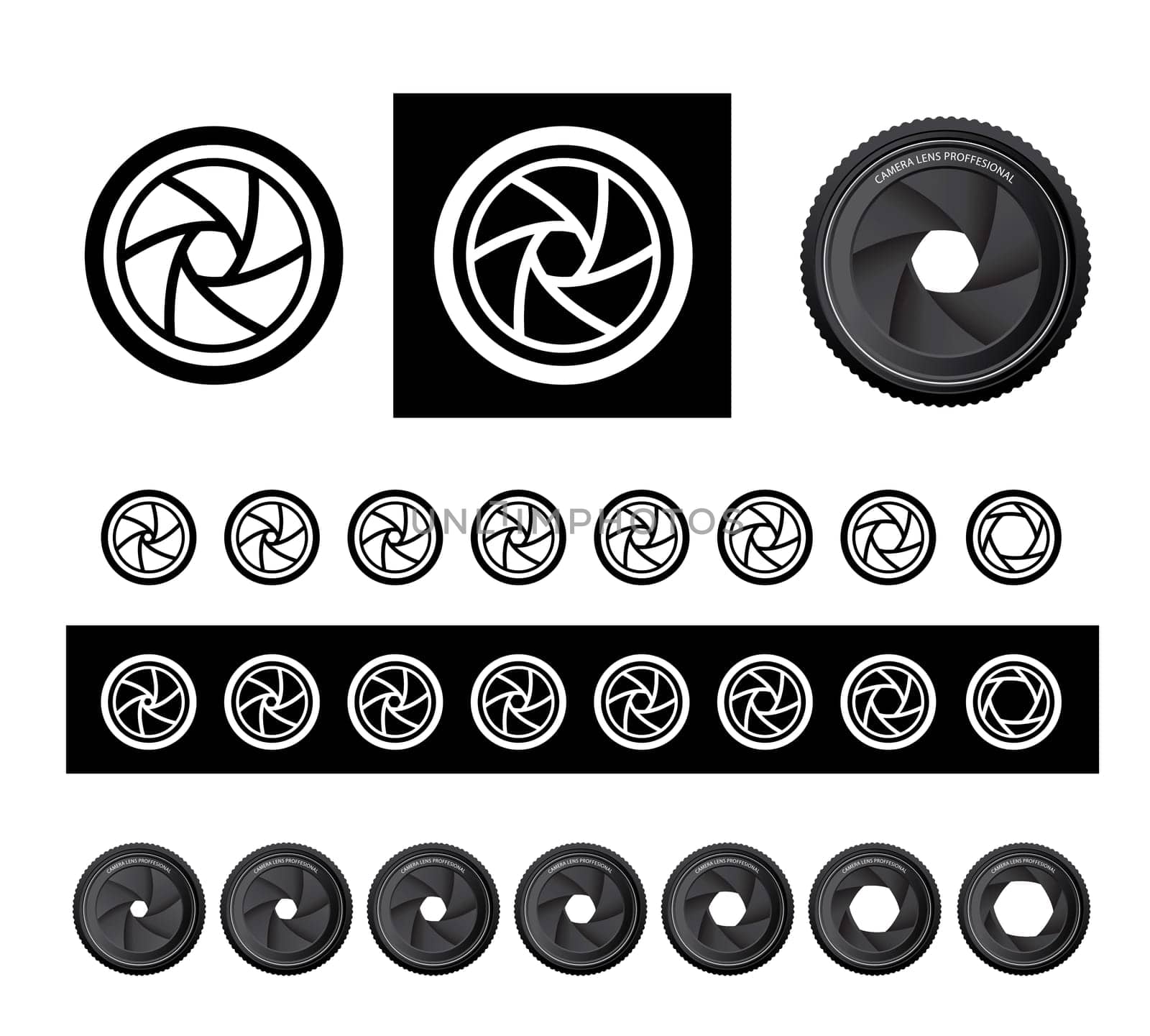 vector camera shutter apertures in three styles.