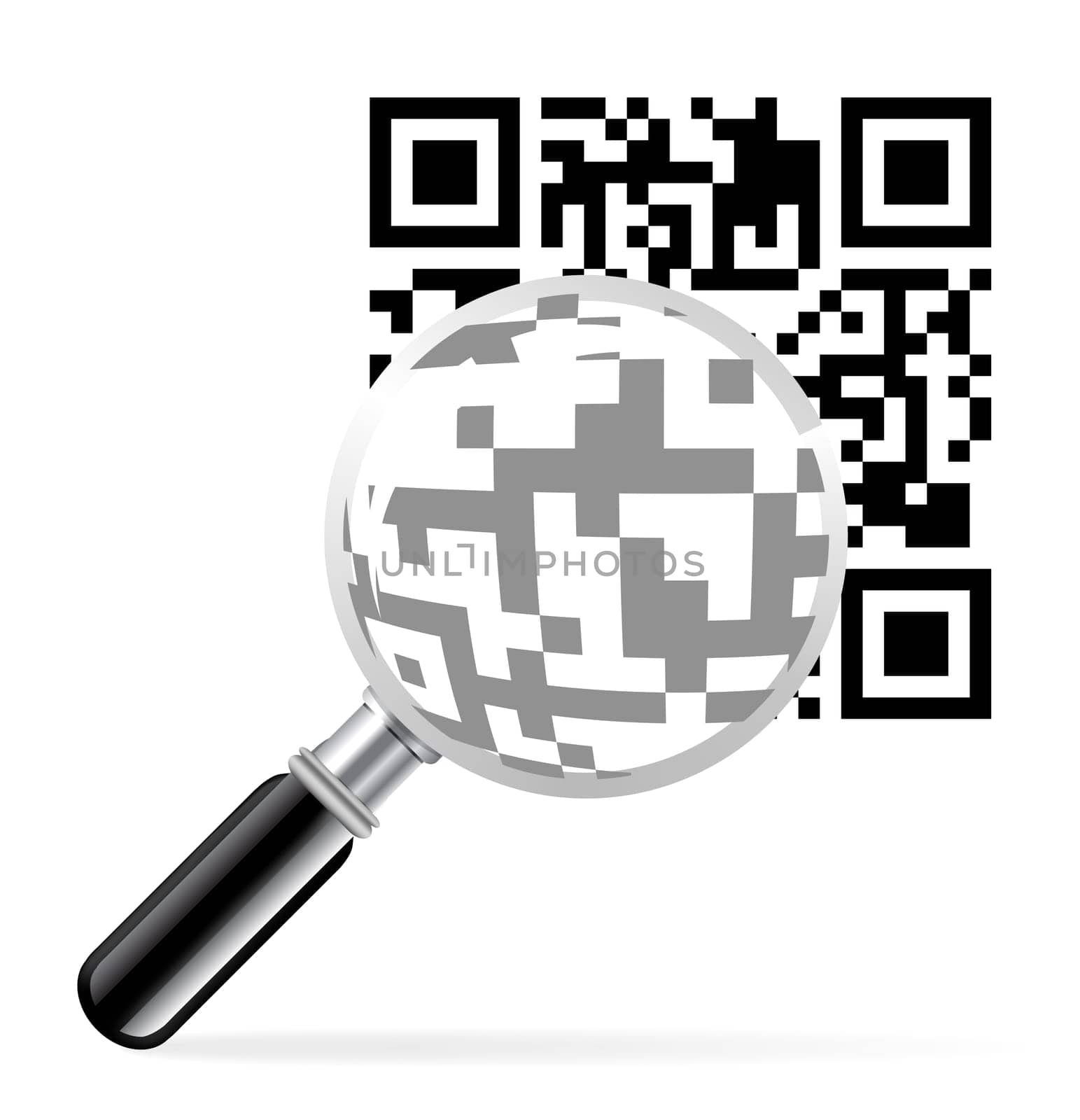Black QR identification code with loupe illustration