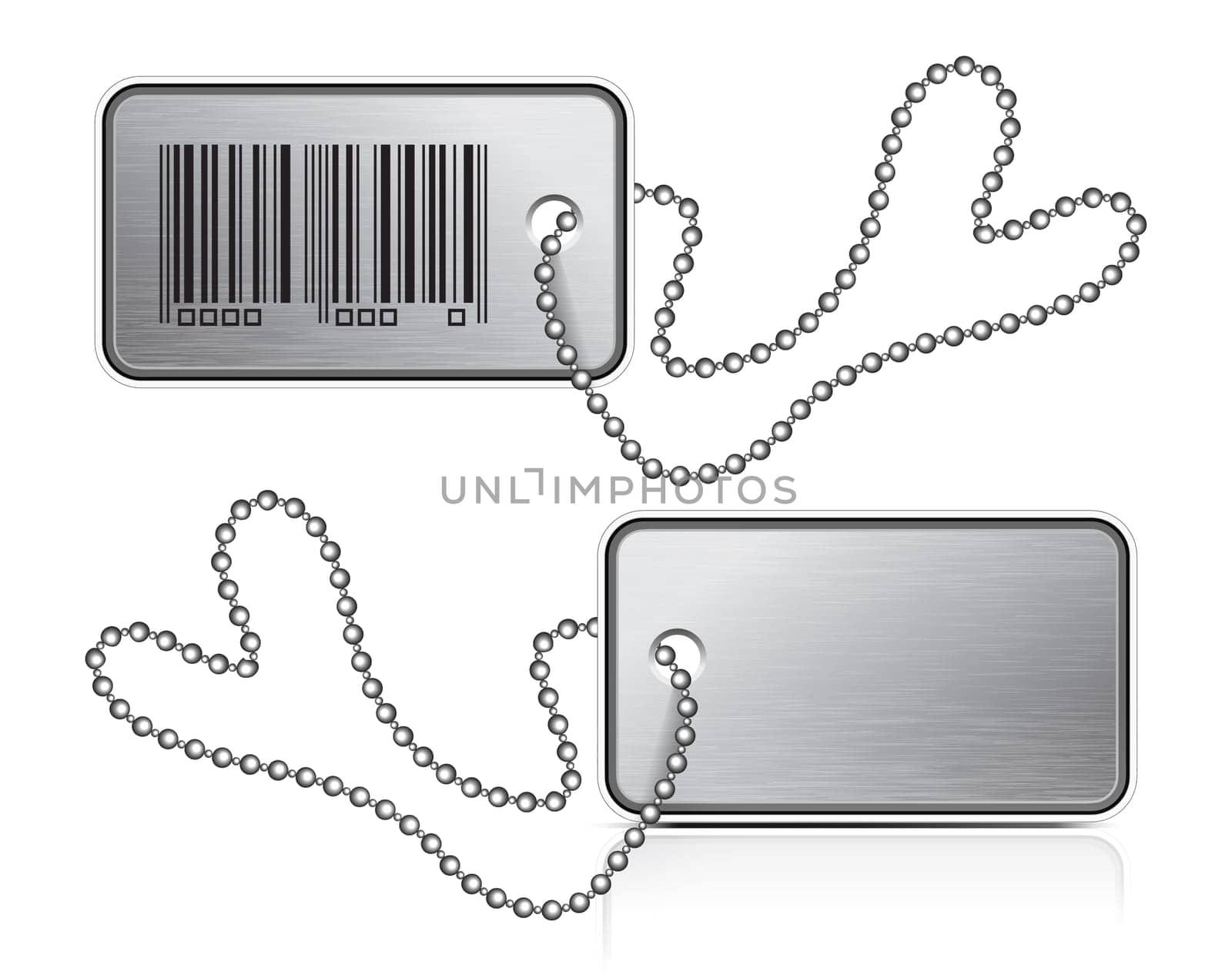 Metallic tag and chain,tag showing brushed metal texture and barcode. Vector illustration