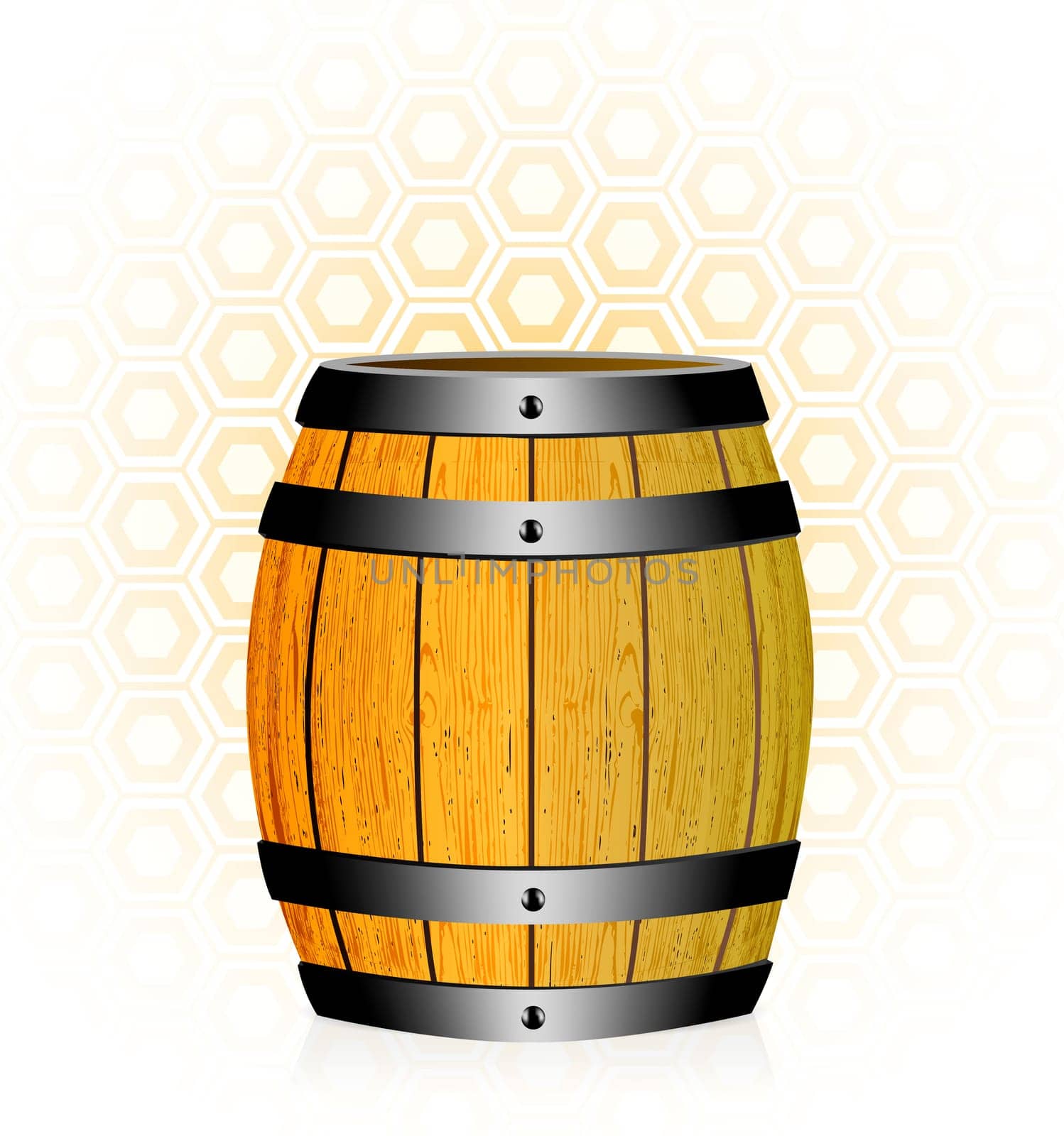 wooden barrel with honey on honeycomb cell background