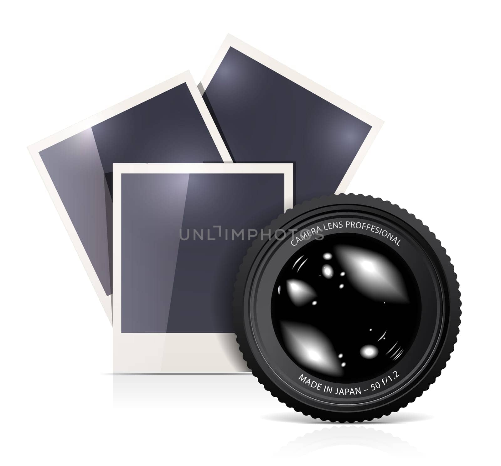 Lens with photo frame on white background. Vector illustration