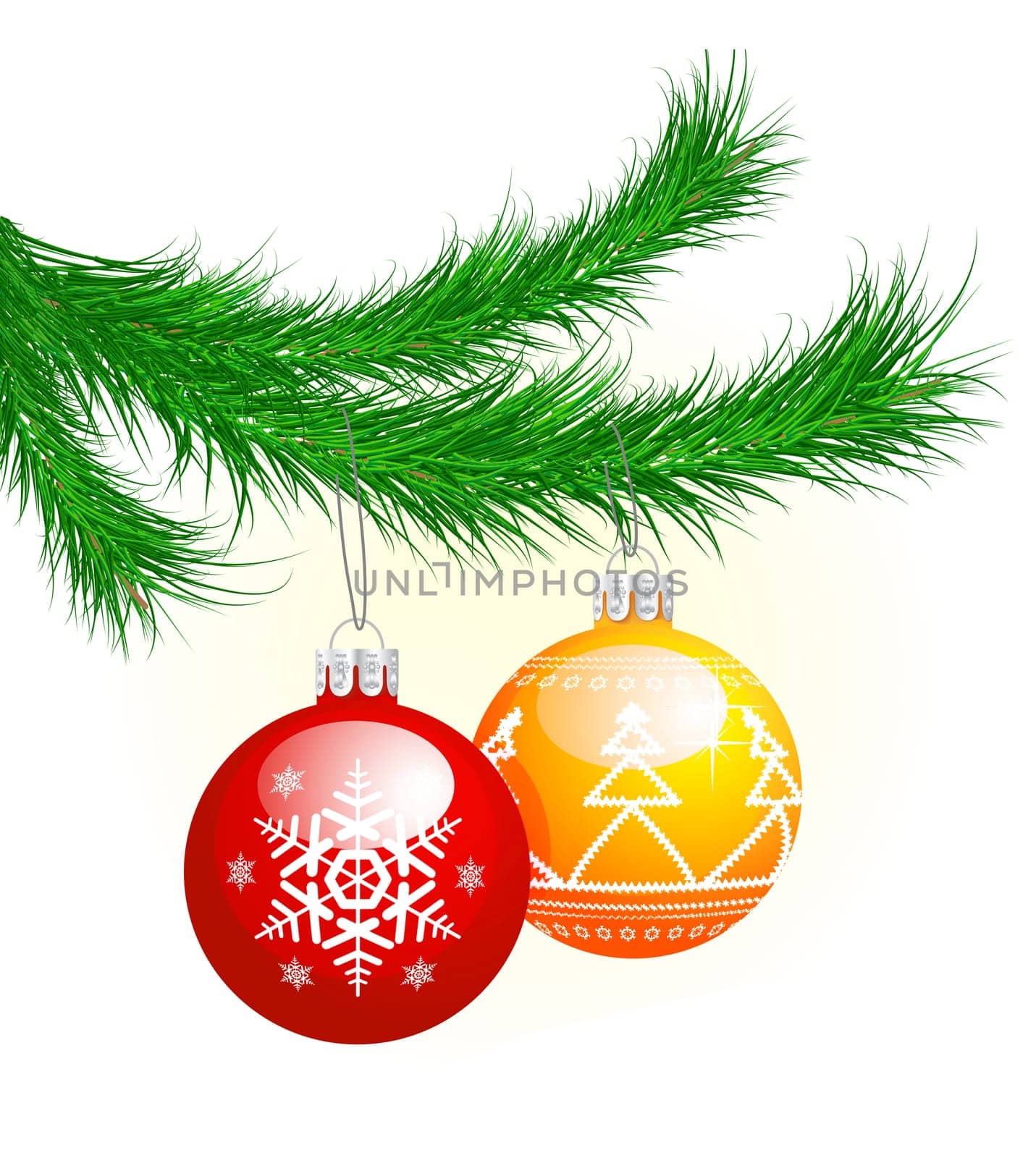 Christmas tree branch and balls on white background. Vector illustration