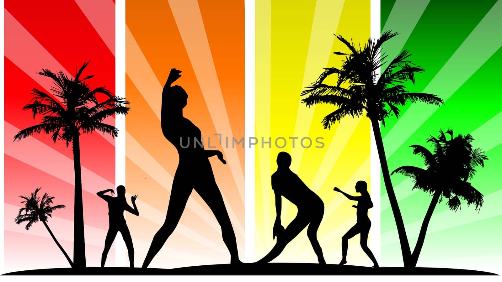 Vector editable dancing silhouette group with palm tree