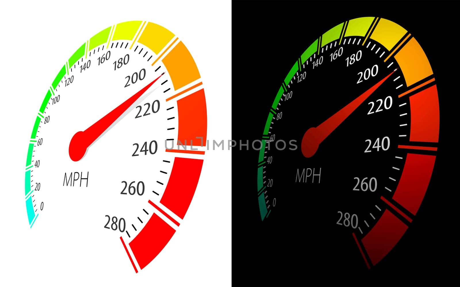 Vector speedometer with moving arrow and high speed in perspective view