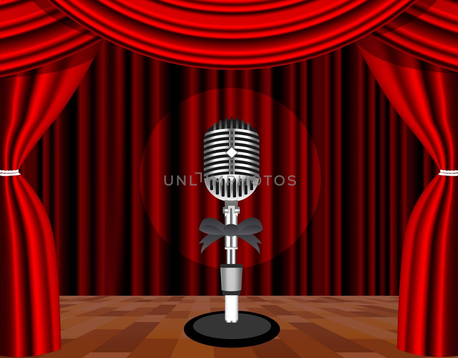 A microphone on a stage with a spotlight on it. Vector illustration
