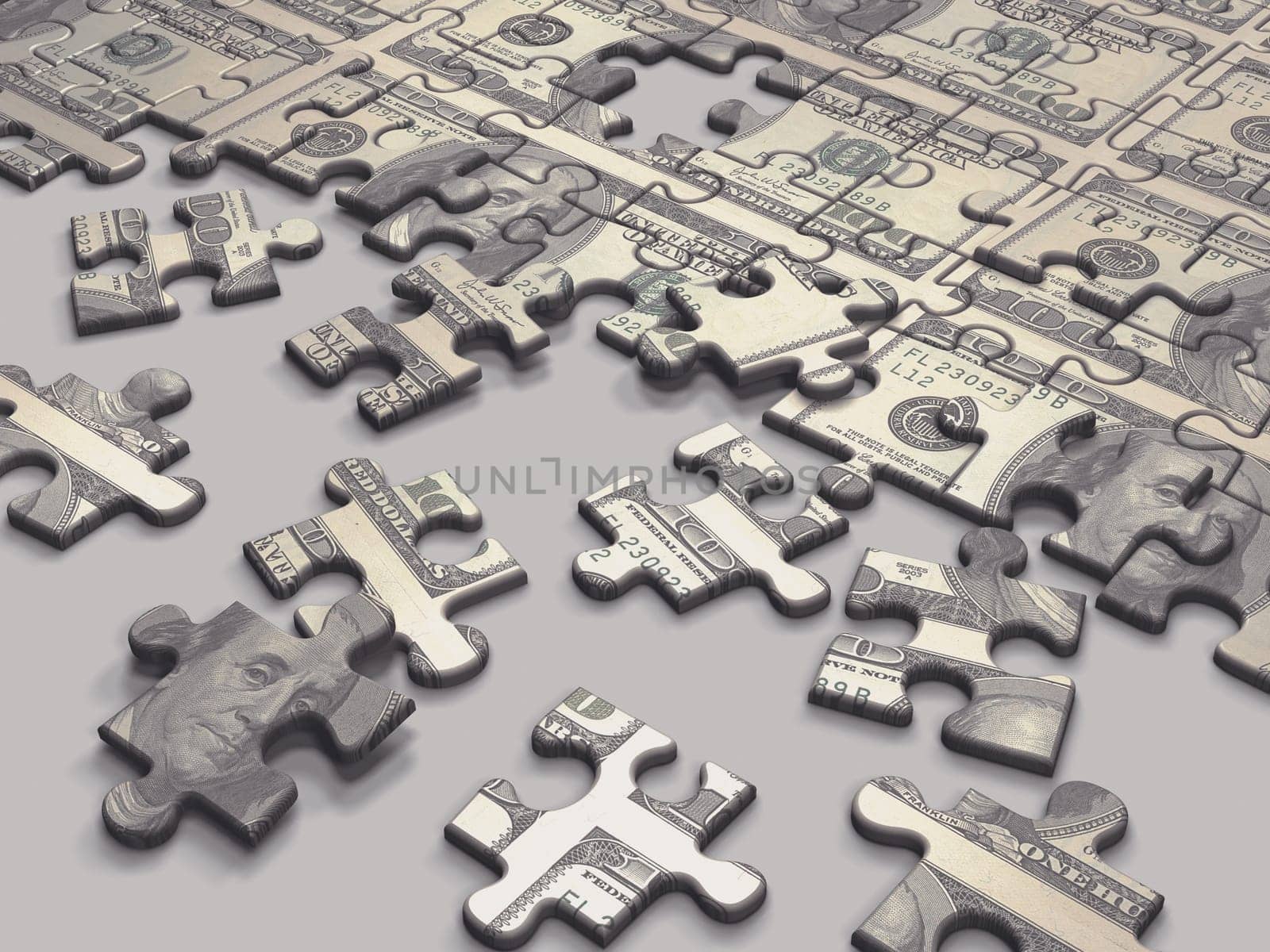 Puzzle game with notes of dollars, concept of business and finance.