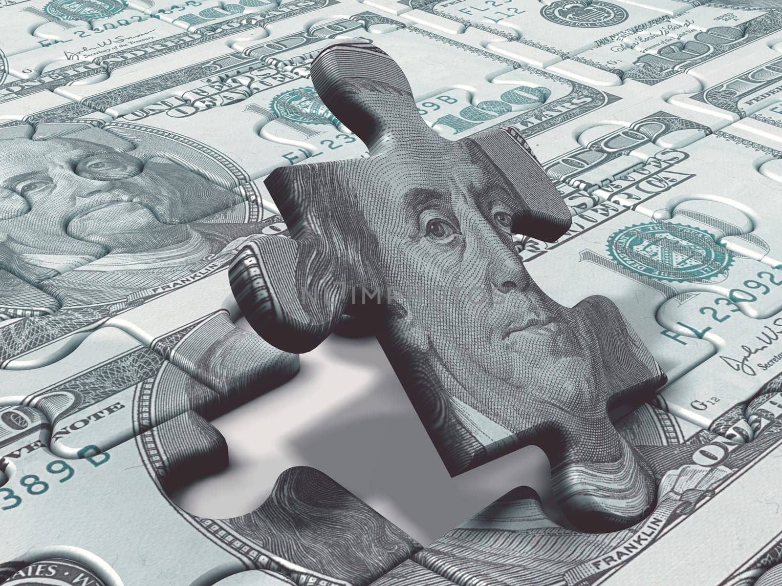 Puzzle game with notes of dollars, concept of business and finance.