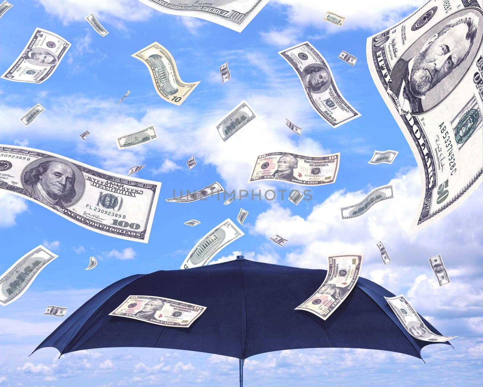 Rain dollars, concept of wealth, easy gain money.