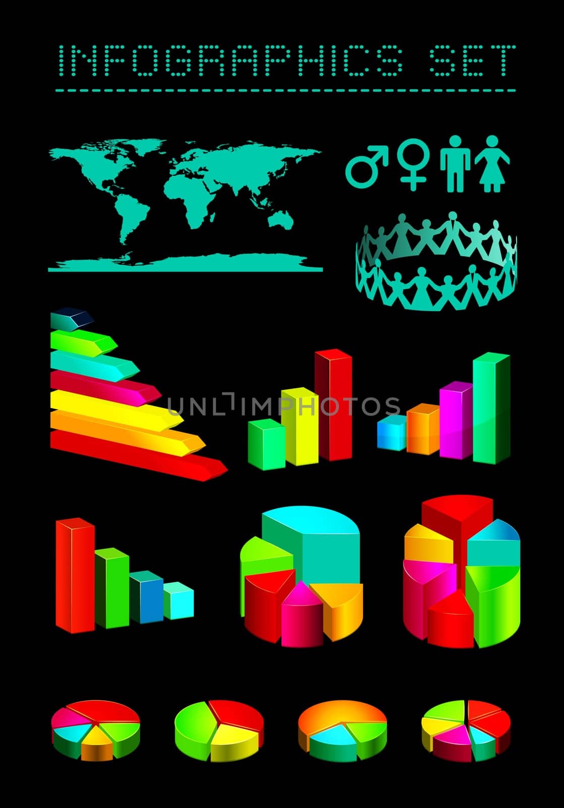 set of shiny graphics and diagrams on black background. EPS v.8.0