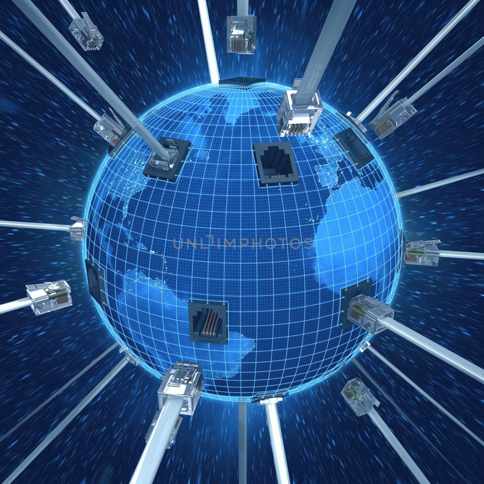 RJ-45 cable connecting the planet earth. Concept interconnected world.