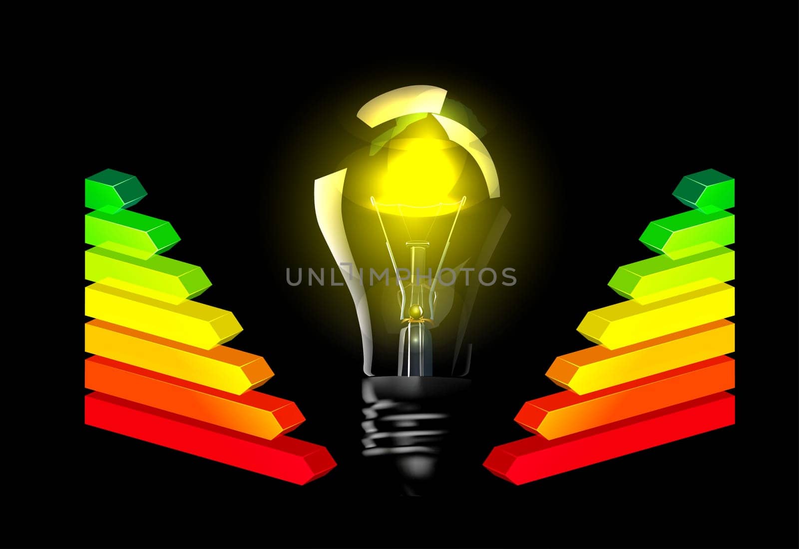 Light Bulb and Energy Efficiency Rating on black background