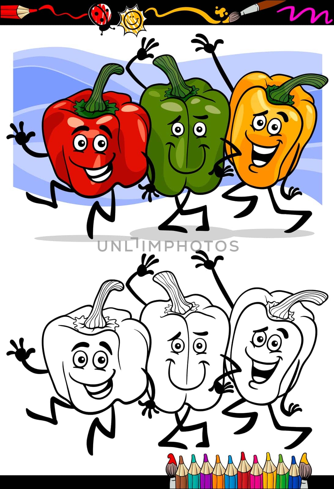 Coloring Book or Page Cartoon Illustration of Three Peppers Vegetables Red and Green and Yellow Funny Food Objects Group for Children Education