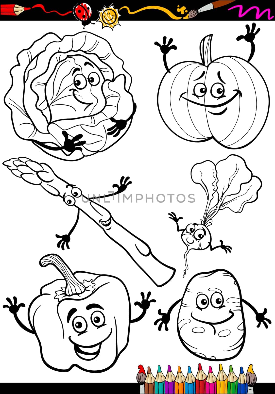 Coloring Book or Page Cartoon Illustration of Black and White Vegetables Food Comic Characters Set