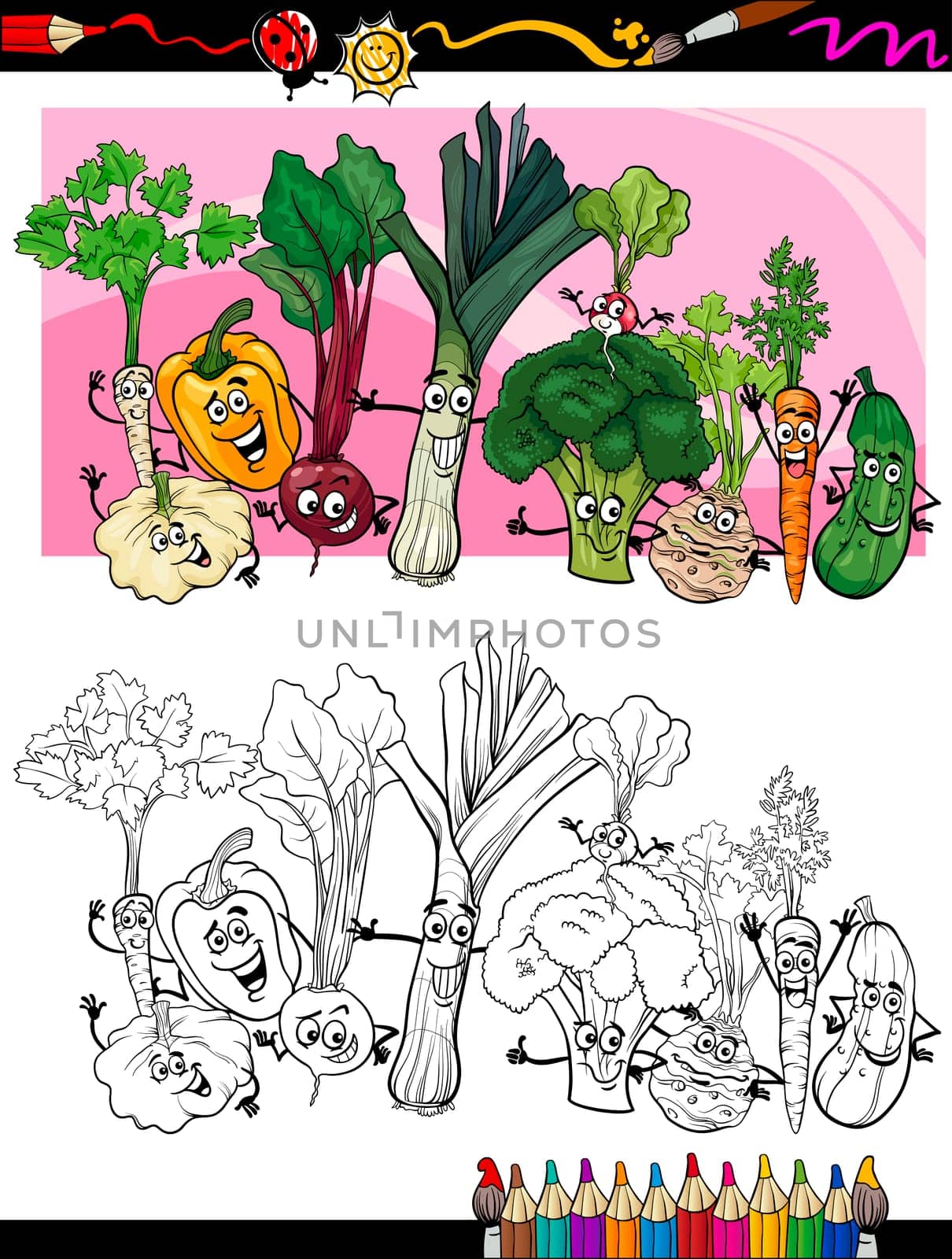 Coloring Book or Page Humor Cartoon Illustration of Comic Vegetables Funny Food Objects Group for Children Education