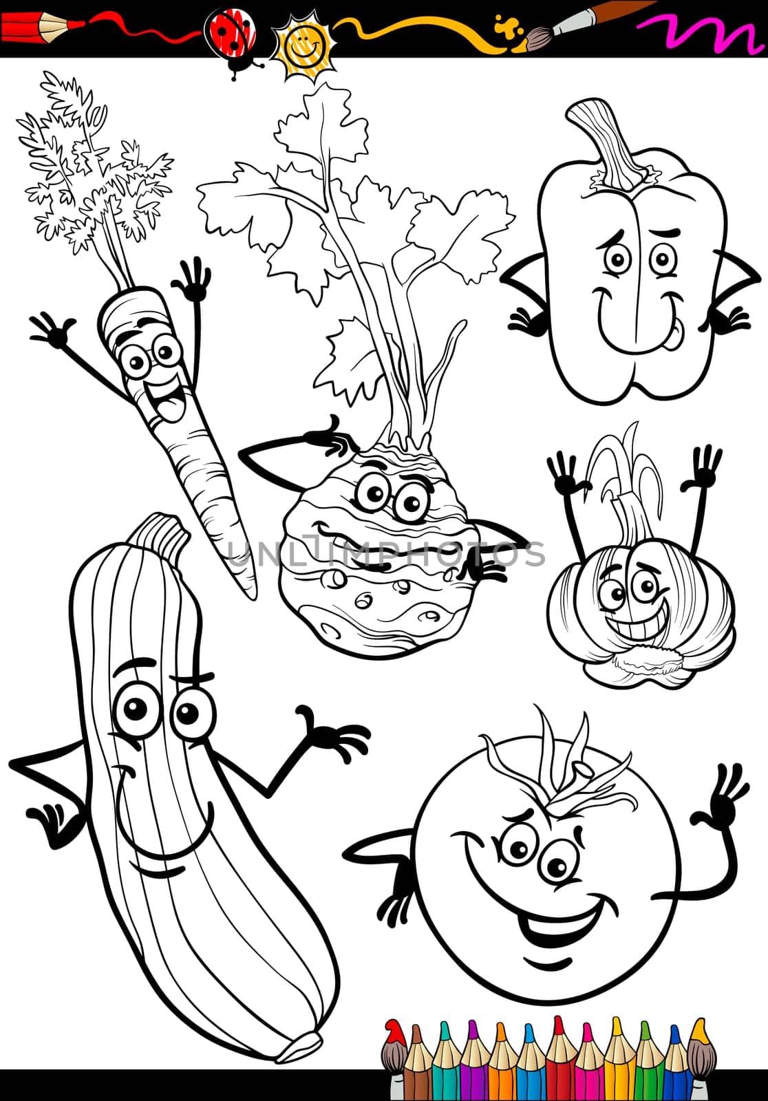 Coloring Book or Page Cartoon Illustration of Black and White Vegetables Food Comic Characters Set