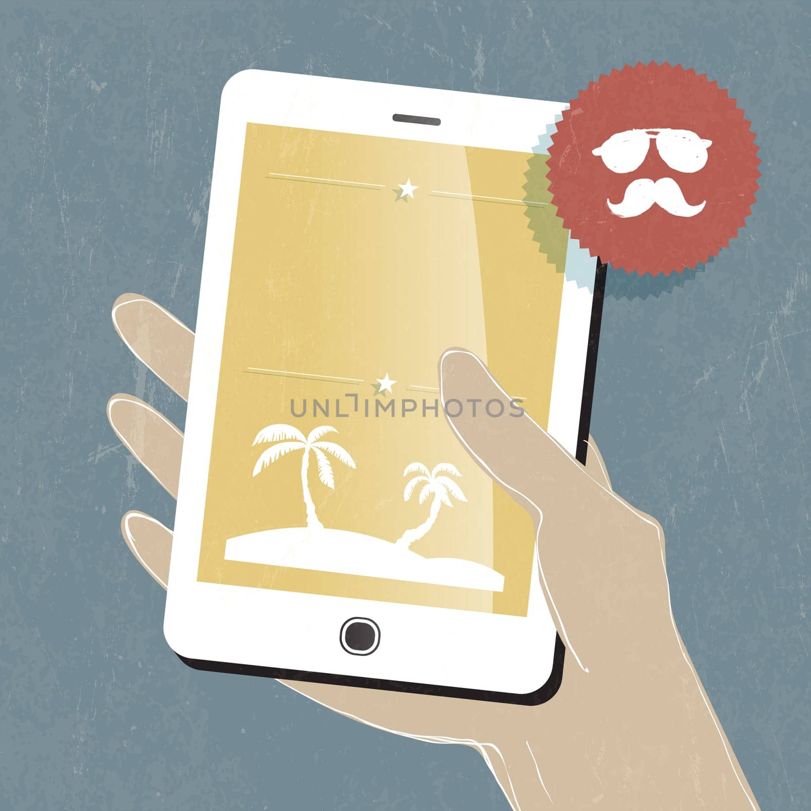 Summer travel conceptual illustration. Smart phone in hand. Vector