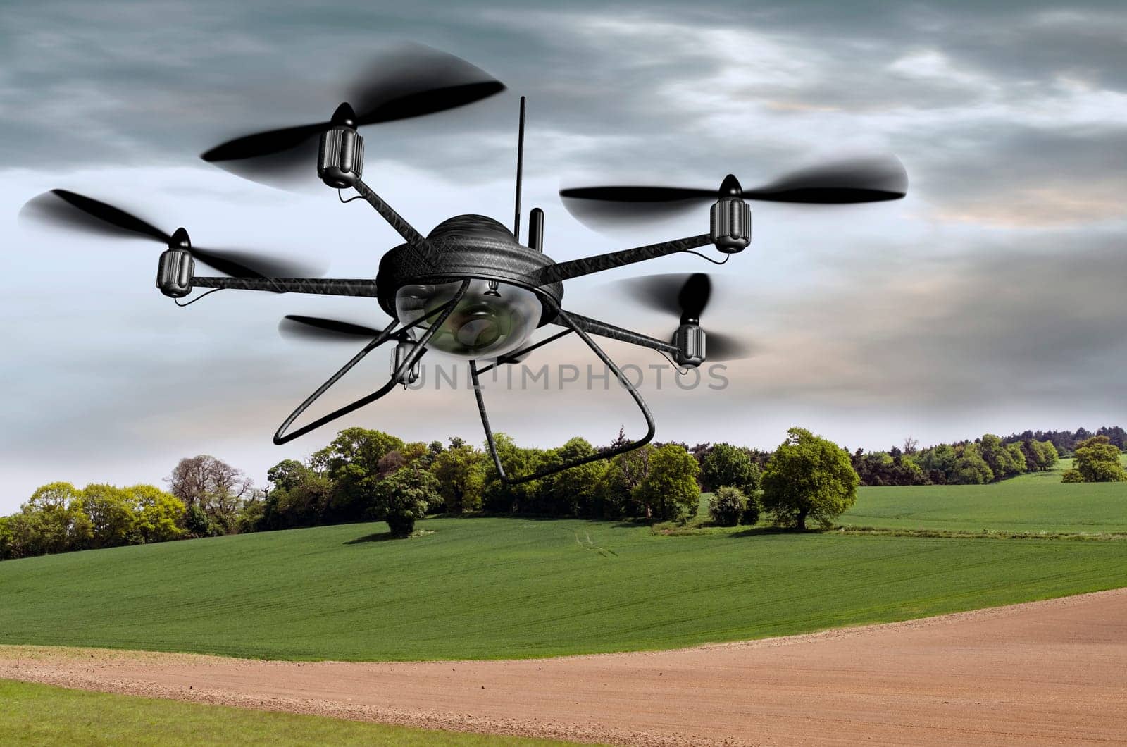 Illustration of a surveillance drone searching the countryside