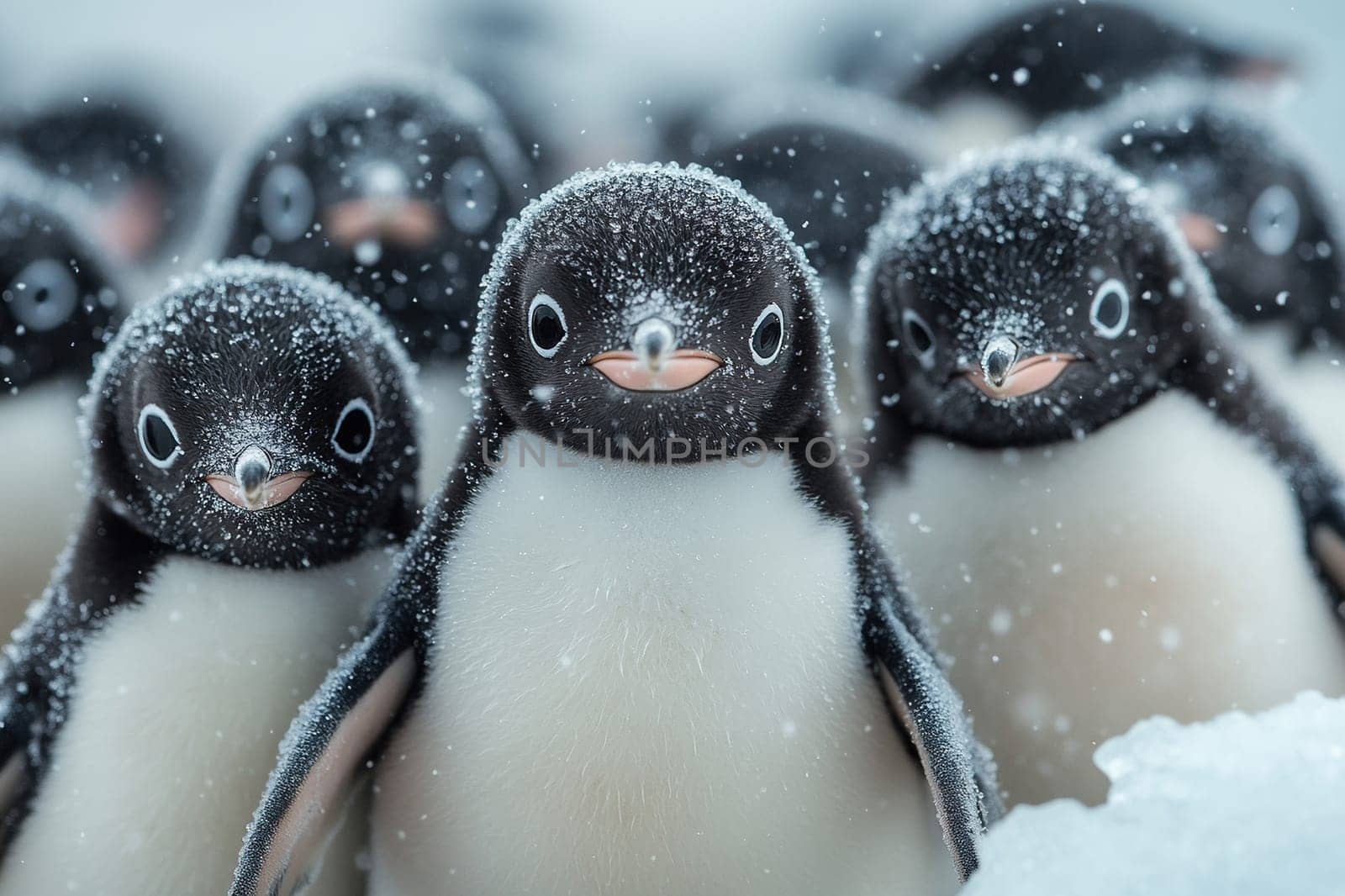 The annual migration of Adelie penguins. A crowd of penguins looks at the camera during a snowfall.
