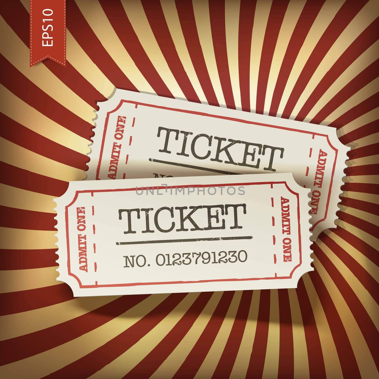 Cinema tickets on retro rays background, vector.