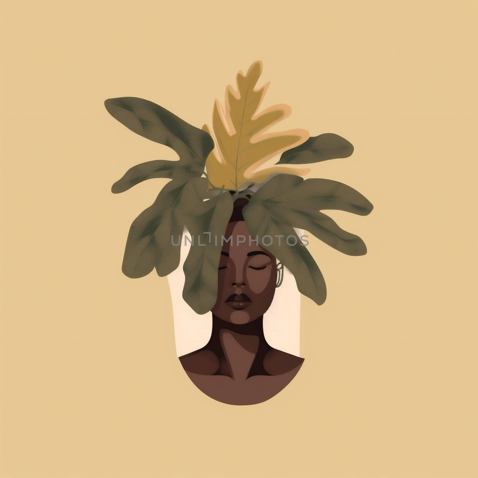 portrait woman design palm leaf print beige abstract poster art trendy. Generative AI. by Vichizh