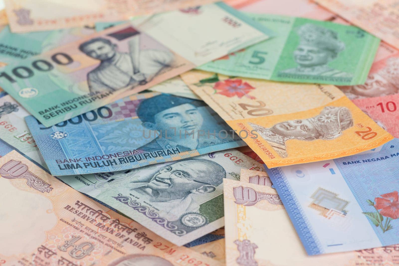 Asian currencies close up of India, Indonesia and Malaysia