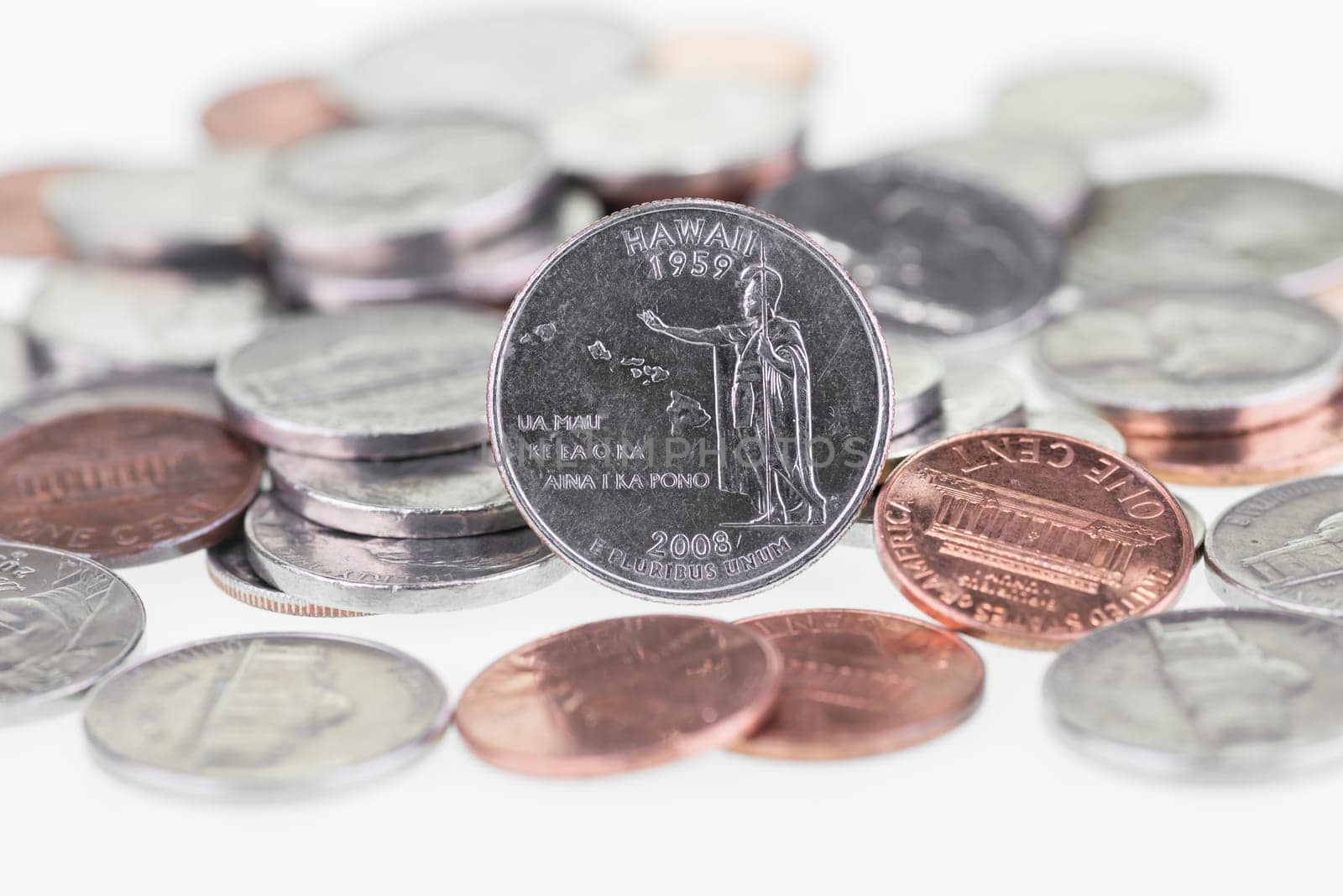 2008 Hawaii State Quarter with other coins extreme close up