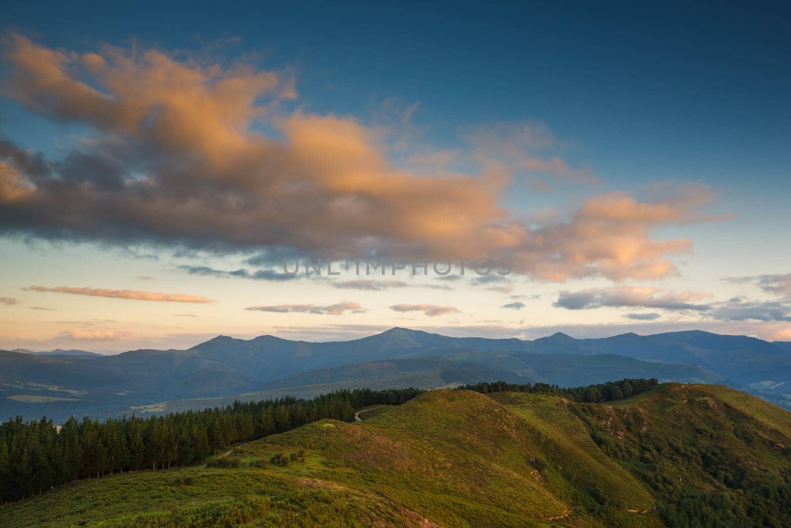 Landscape with cloudy sky on sunset, Sorrondegi, Trucíos, Bizkaia, Spain