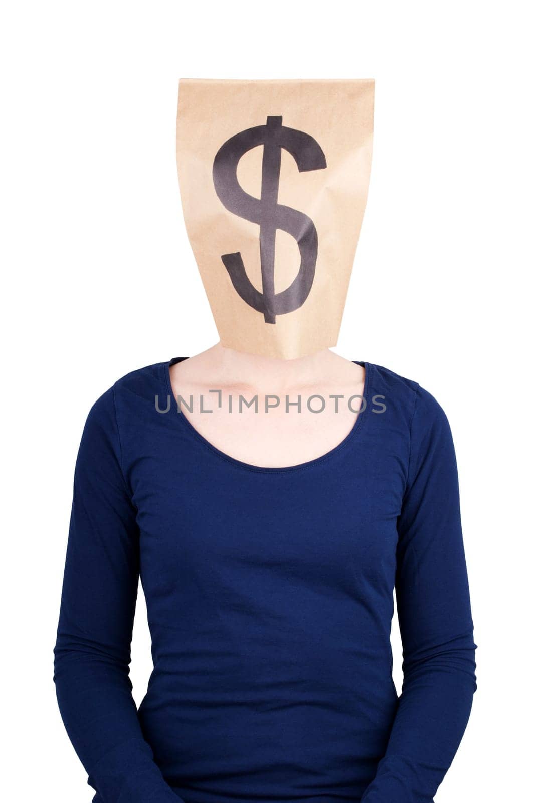 a person with paper bag head and dollar sign on it, isolated