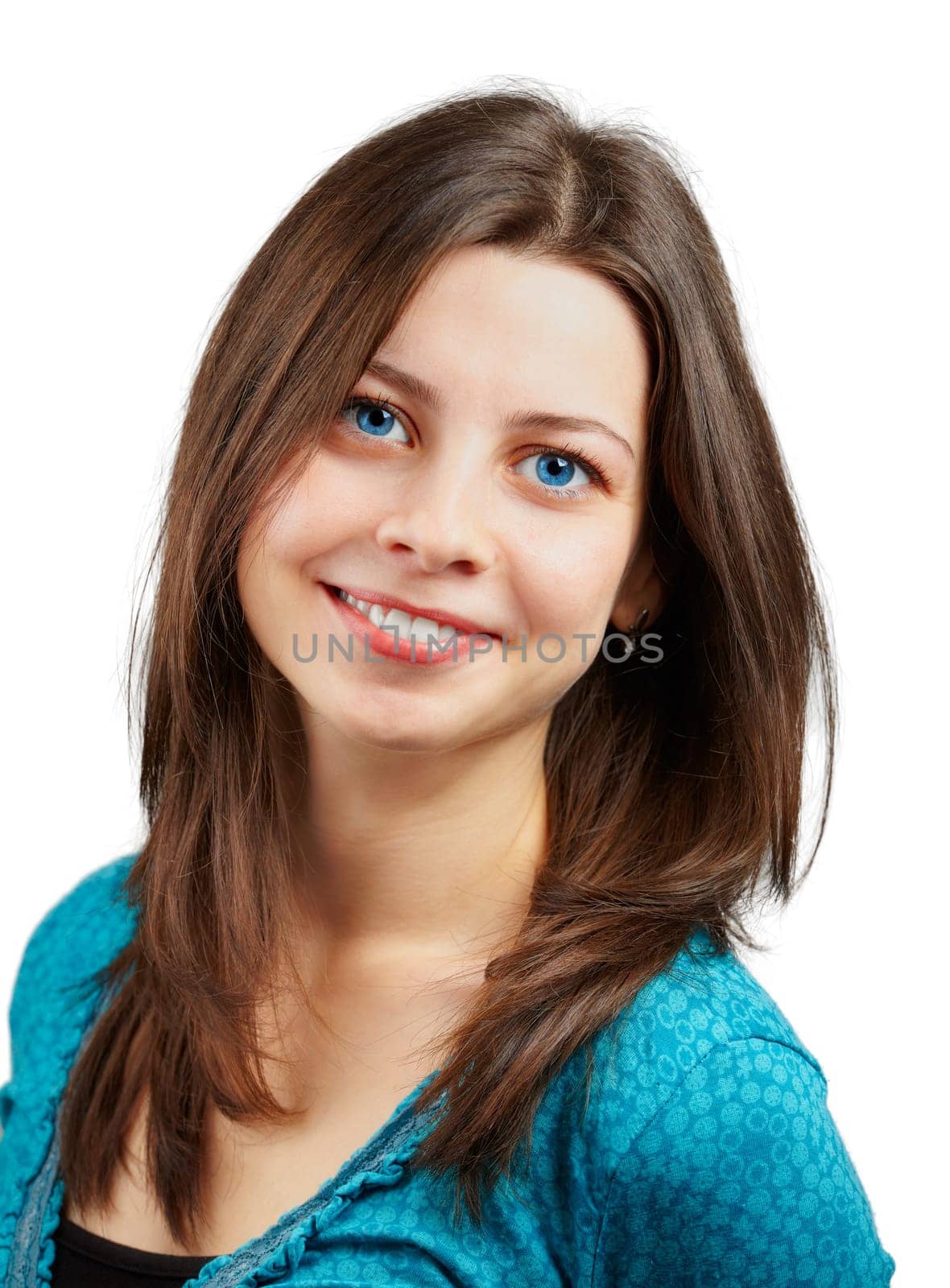 Portrait of a beautiful young woman smiling isolated over white background.