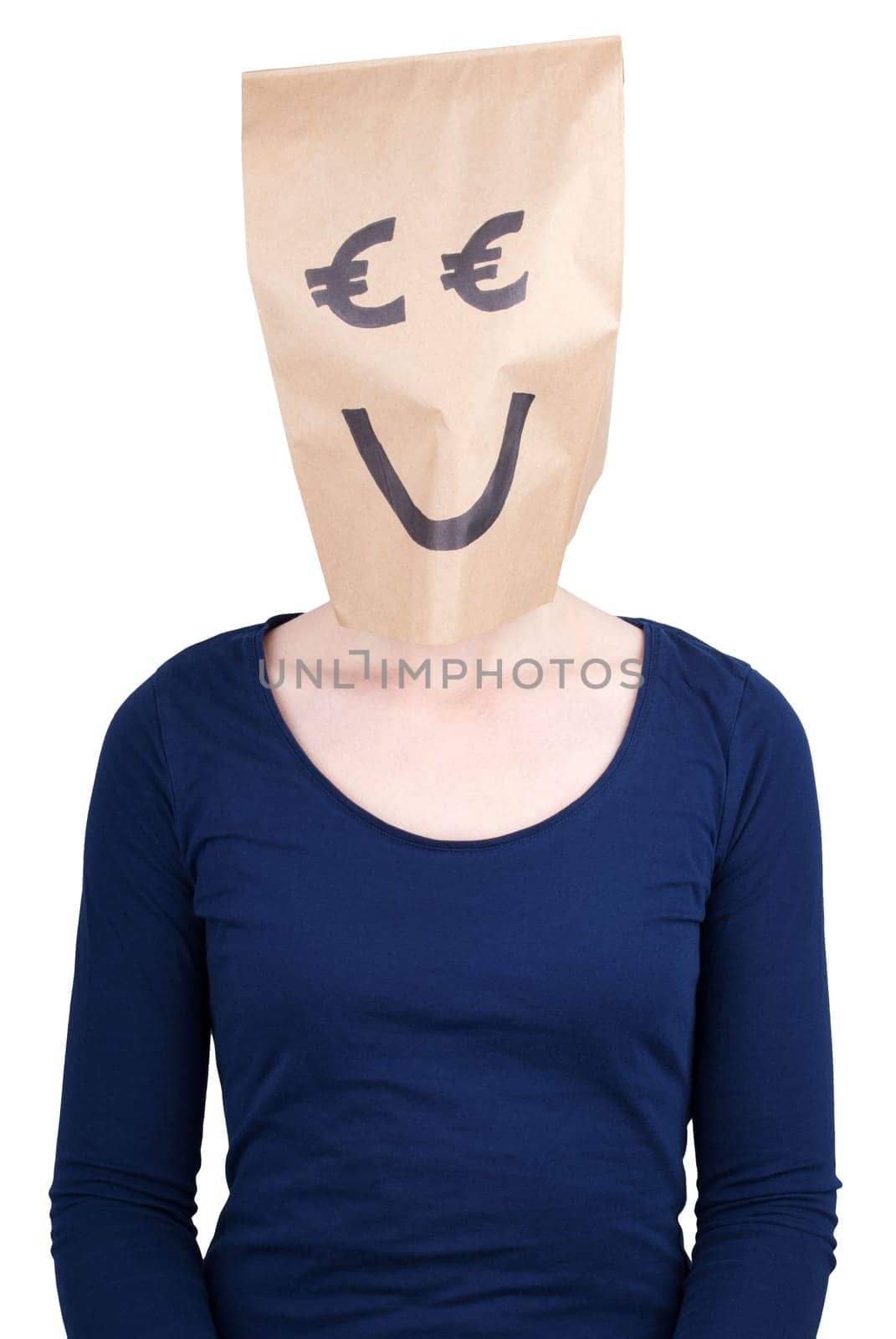 a person with a smiling euro paper bag head, isolated