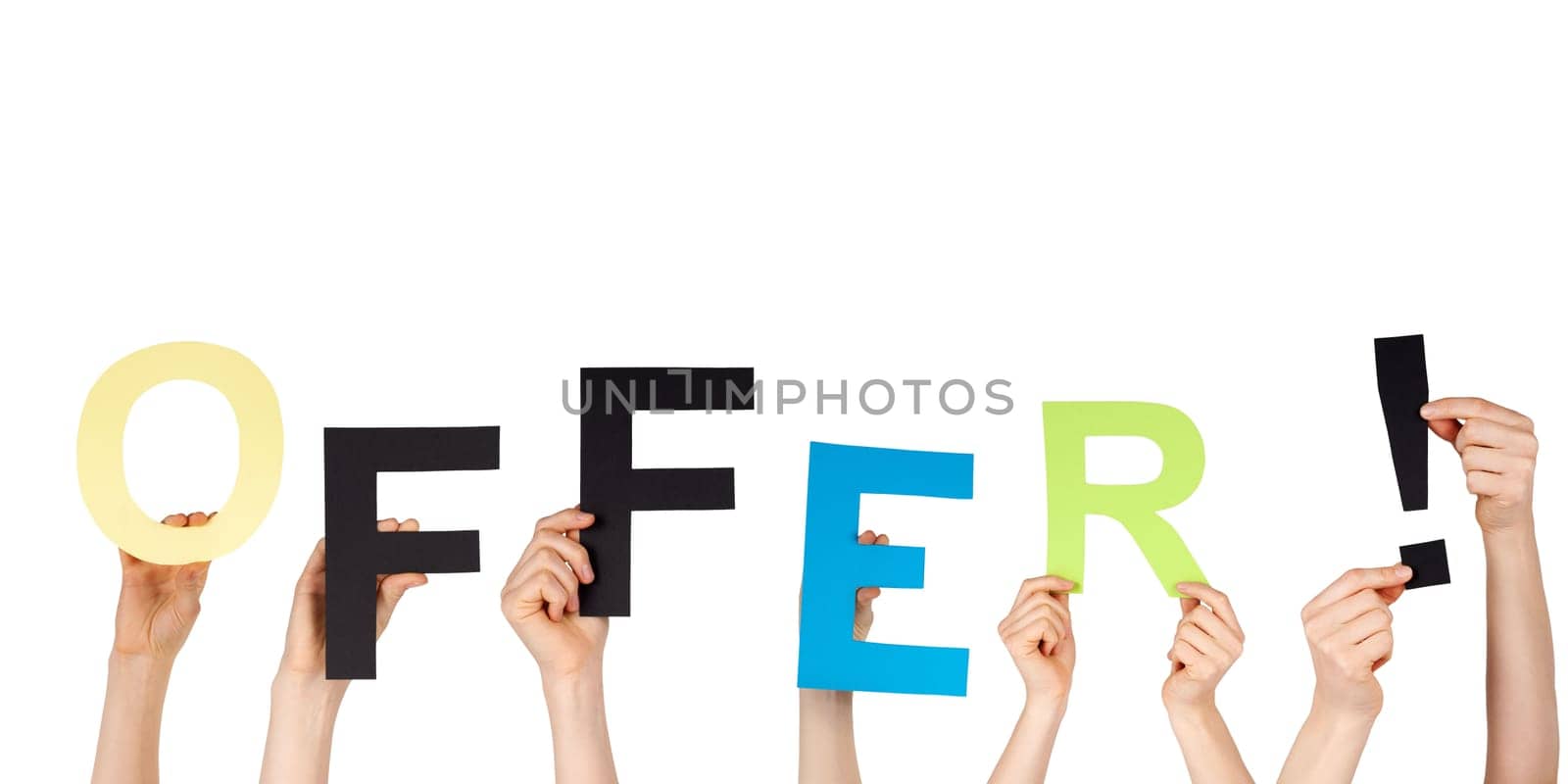 many hands holding the word offer, isolated