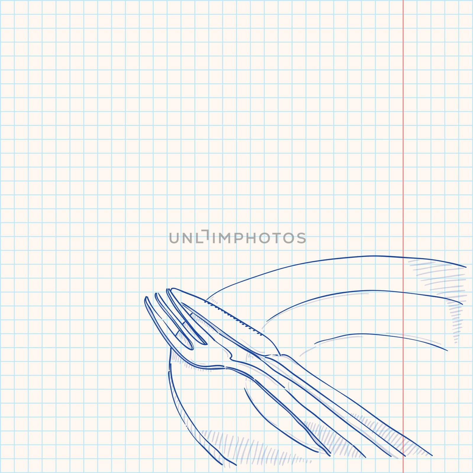 Cutlery and plate as a blue sketch on paper