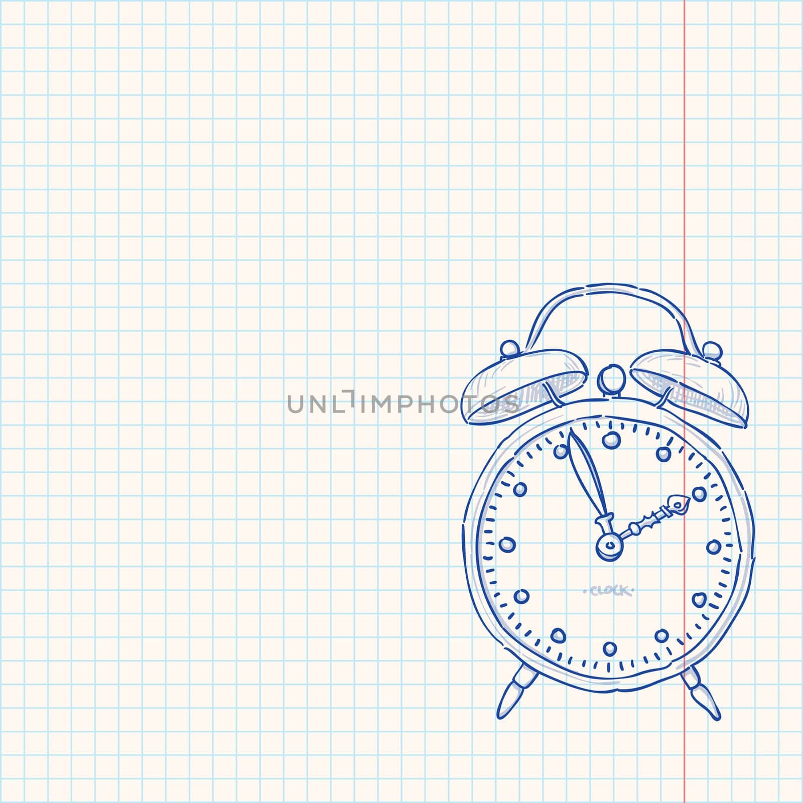 Classic clock as a blue sketch on bright yellow paper