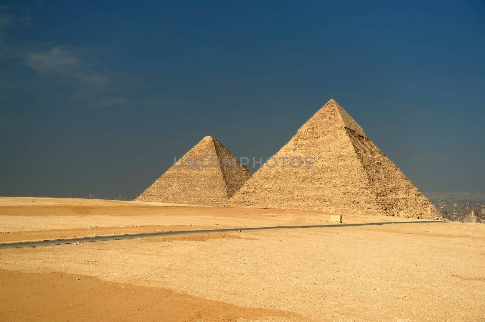 A row of camels transport tourists in front of all of the Giza Pyramids in Cairo, Egypt