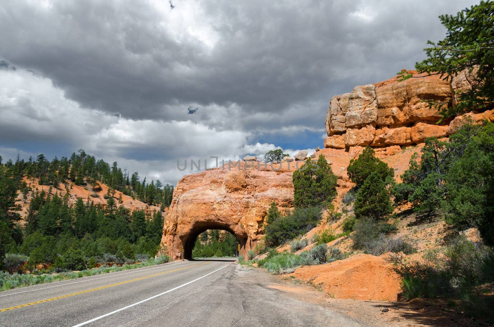 road and arc rocks in Red Canyon in Utah