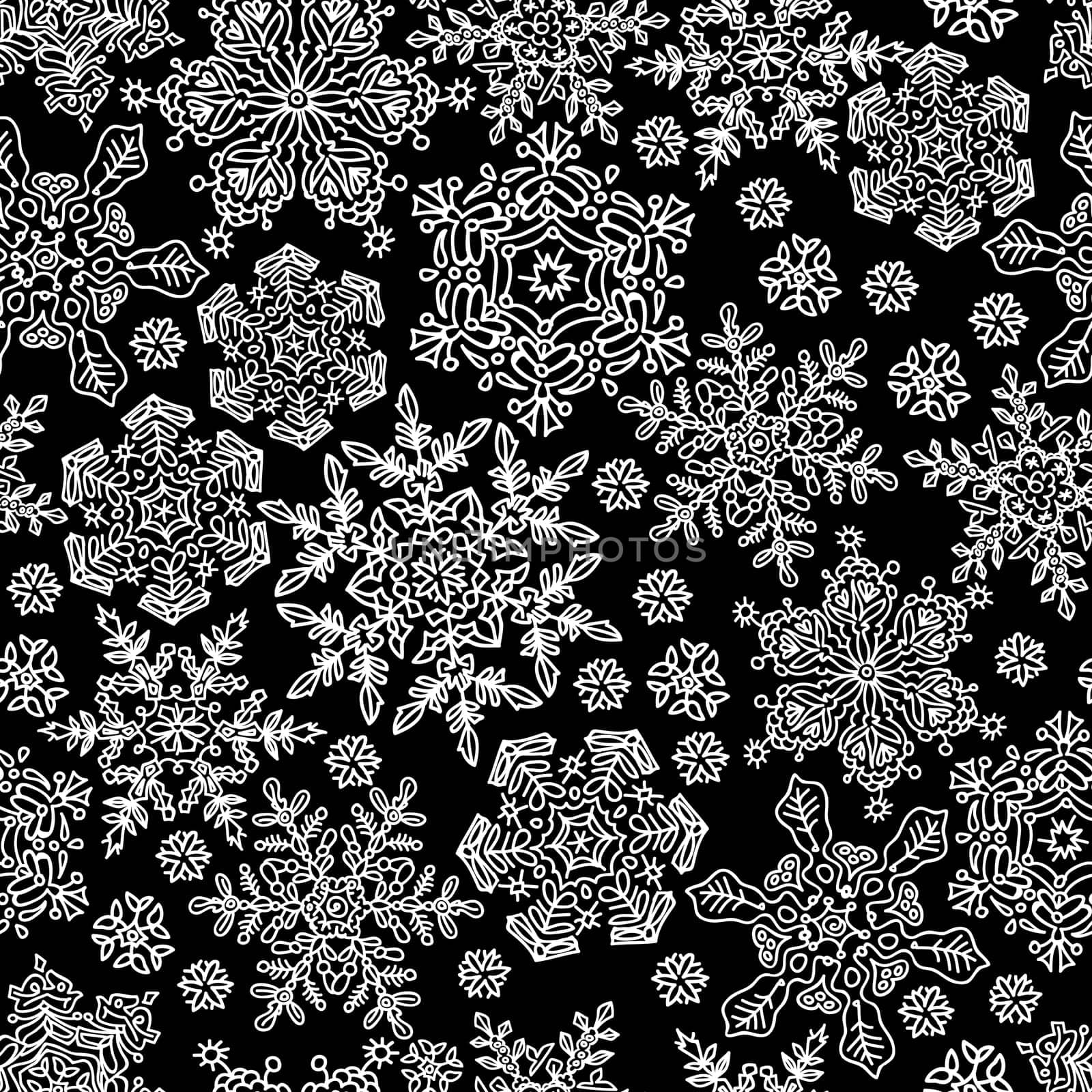 Seamless snowflakes pattern. White on black, vector, EPS8