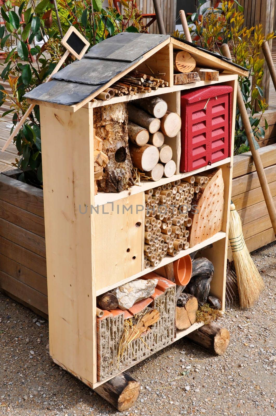 Wooden insect house, also called insect hotel or bug home
