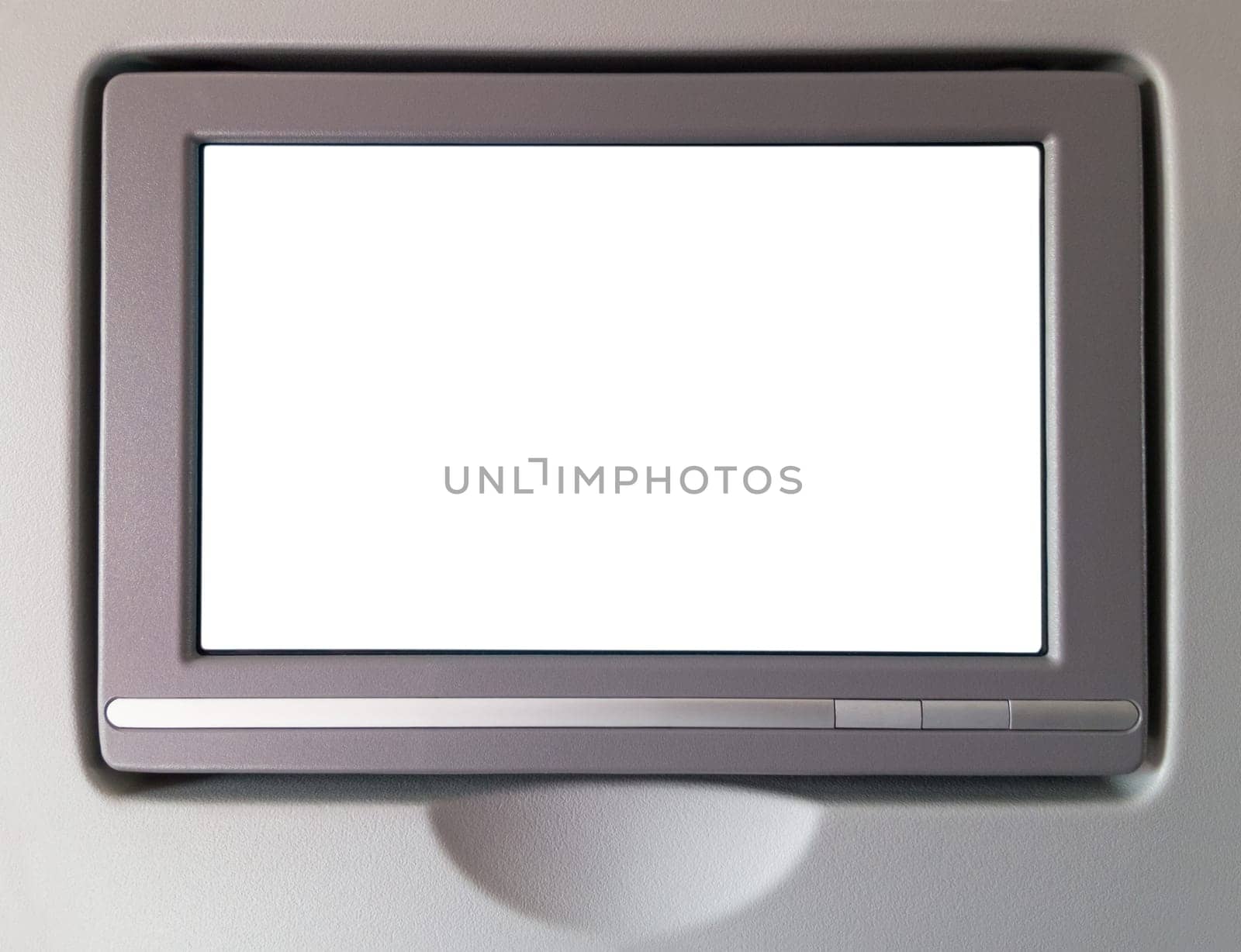 White LCD screen in an airplane seat, copy space for text or image