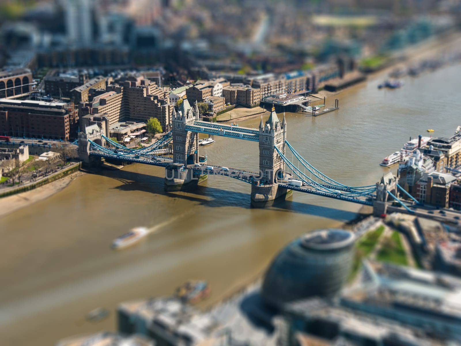 Tower Bridge and London City Hall aerial view, tilt-shift effect, England, UK