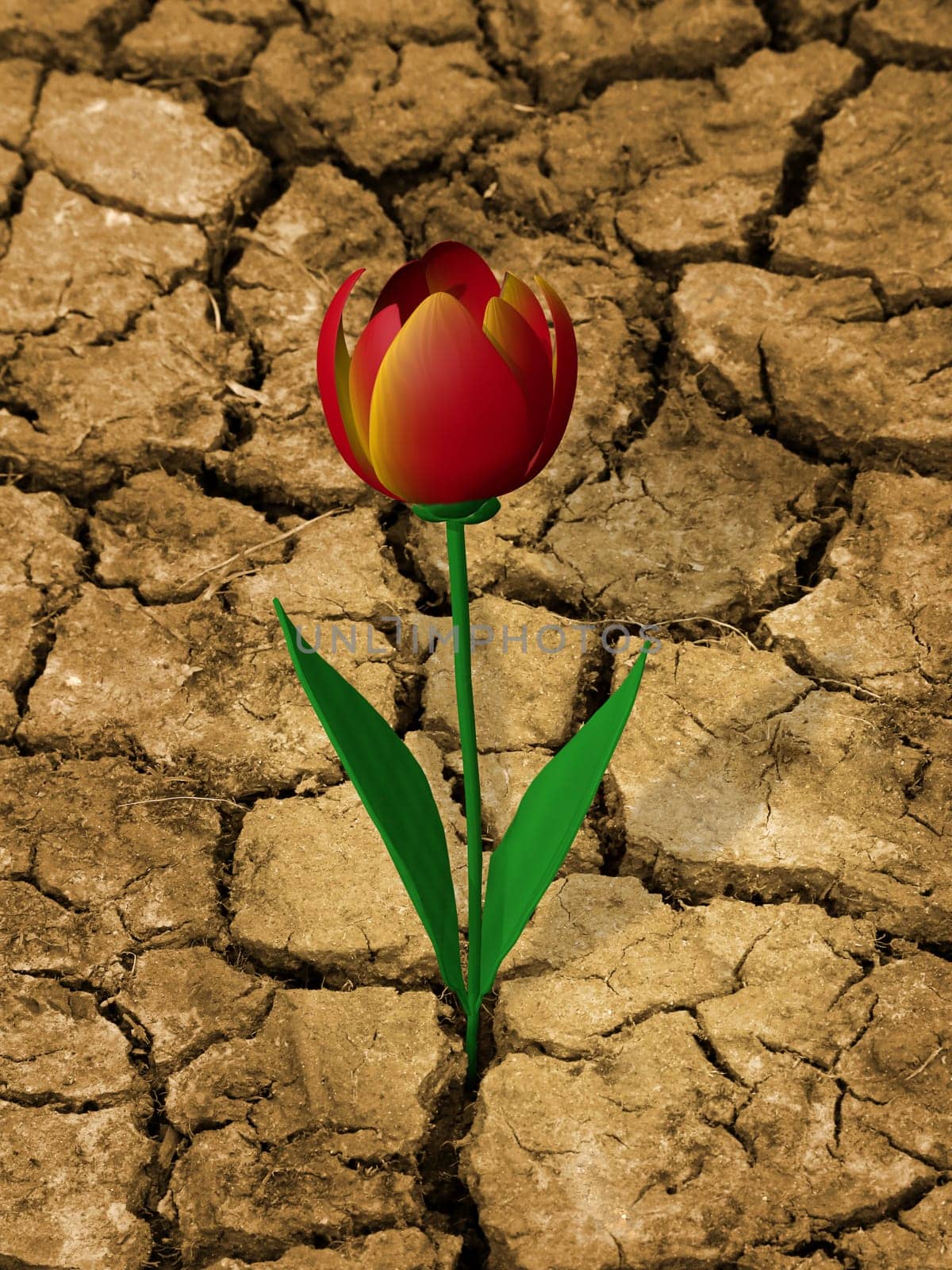 Single, drought resistant flower, on a dry, cracked ground.