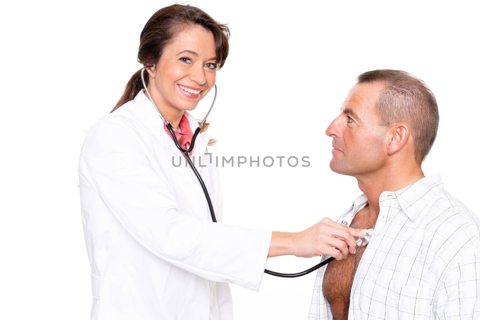 Doctor with patient against a white background
