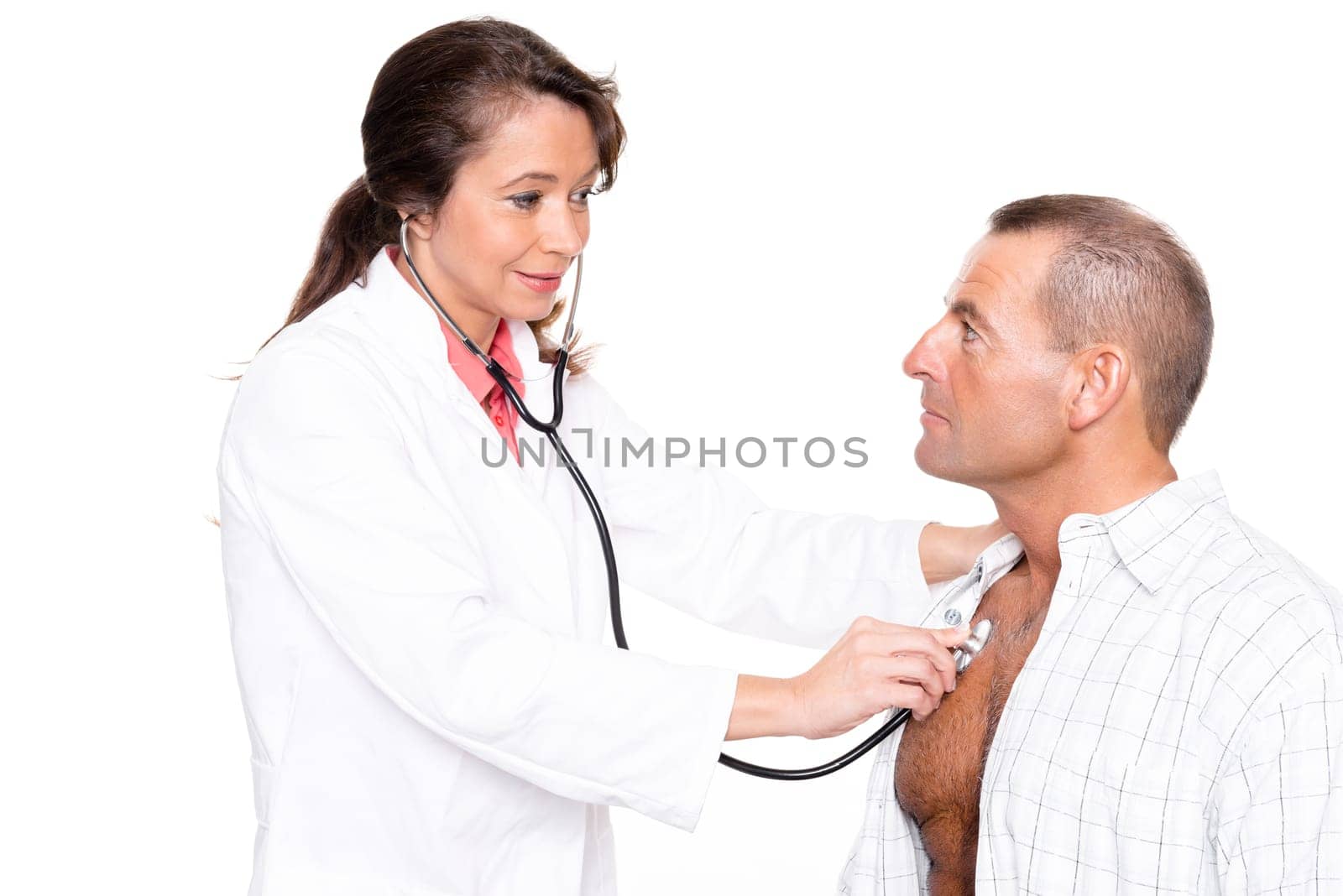 Doctor with patient against a white background