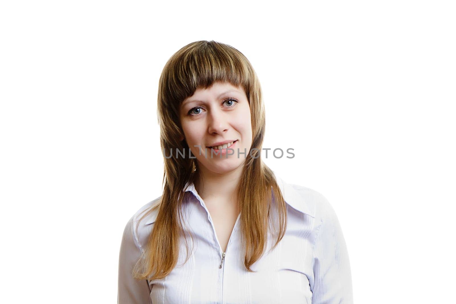 young girl in a white blouse isolated on white background