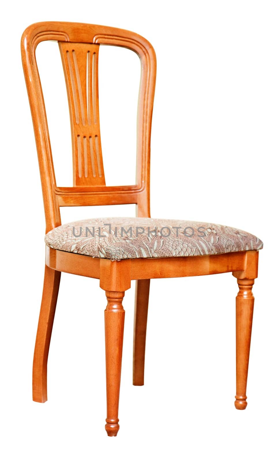 wooden chairs upholstered in fabric on a white background