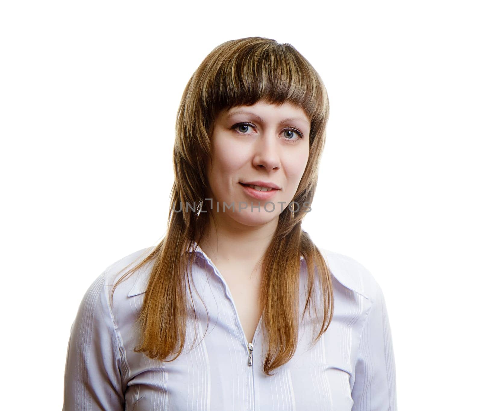 young girl in a white blouse isolated on white background