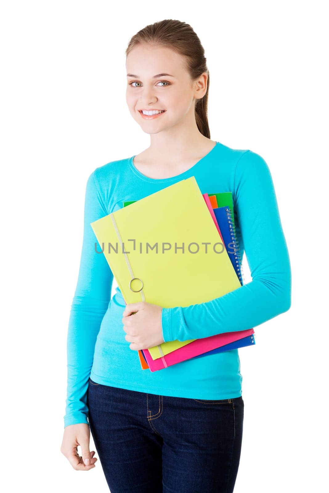 happy student woman with notebooks,isoalted on white background