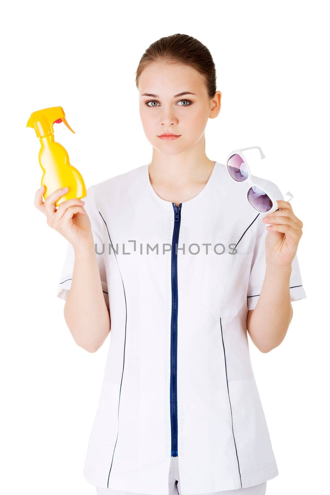 young female doctor or nurse showing sunscreen and sun glasses fot sun uv protection. isolated on white