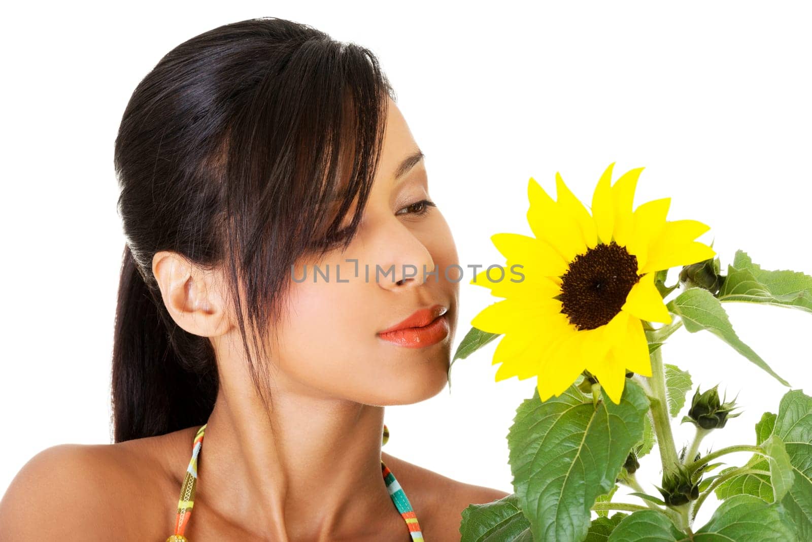 happy summer girl portrait with sunflower,isolated on white